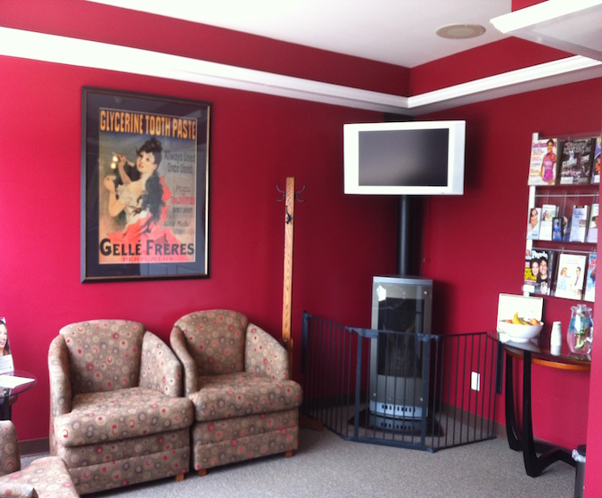 Red waiting area at LaClair Family Dental